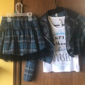 Girls 3 piece jacket, shirt, and skirt.